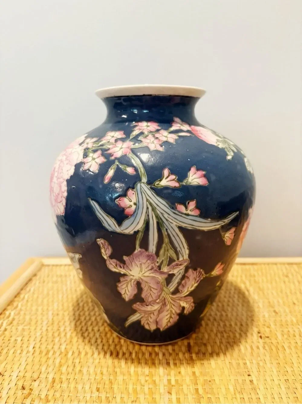 VTG Porcelain Rose Medallion Vase Blue Pink Peony Chinoiserie